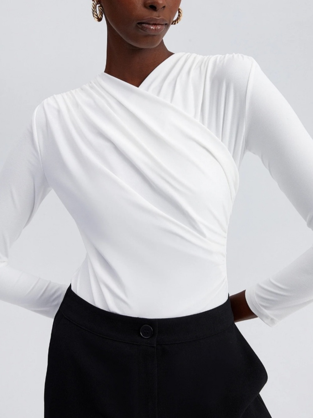 Touche Prive DRAPELİ ÇIT ÇIT BODY White Draped Long-Sleeve Bodysuit